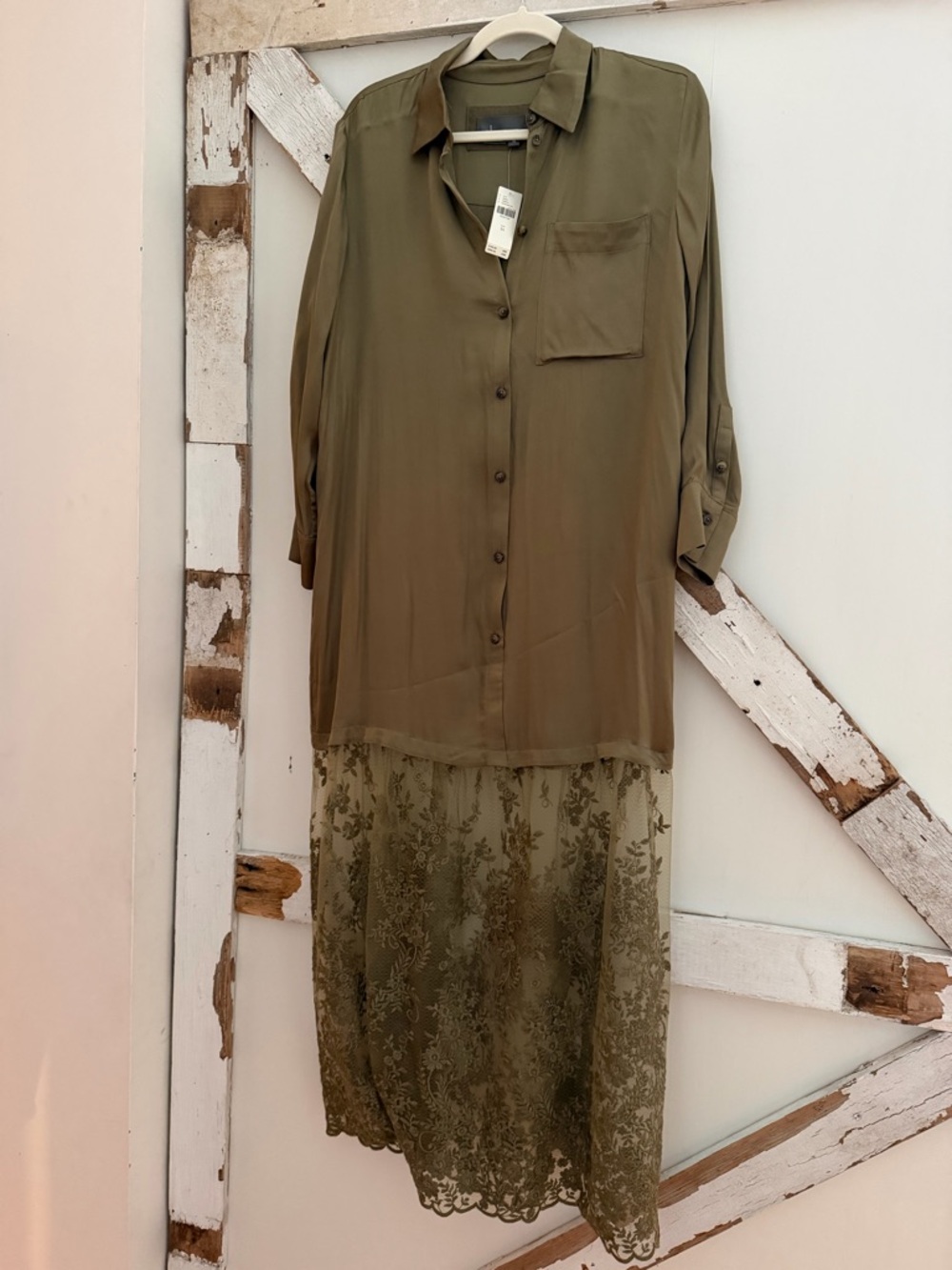 Olive Button-Front Shirt Dress with Lace Skirt